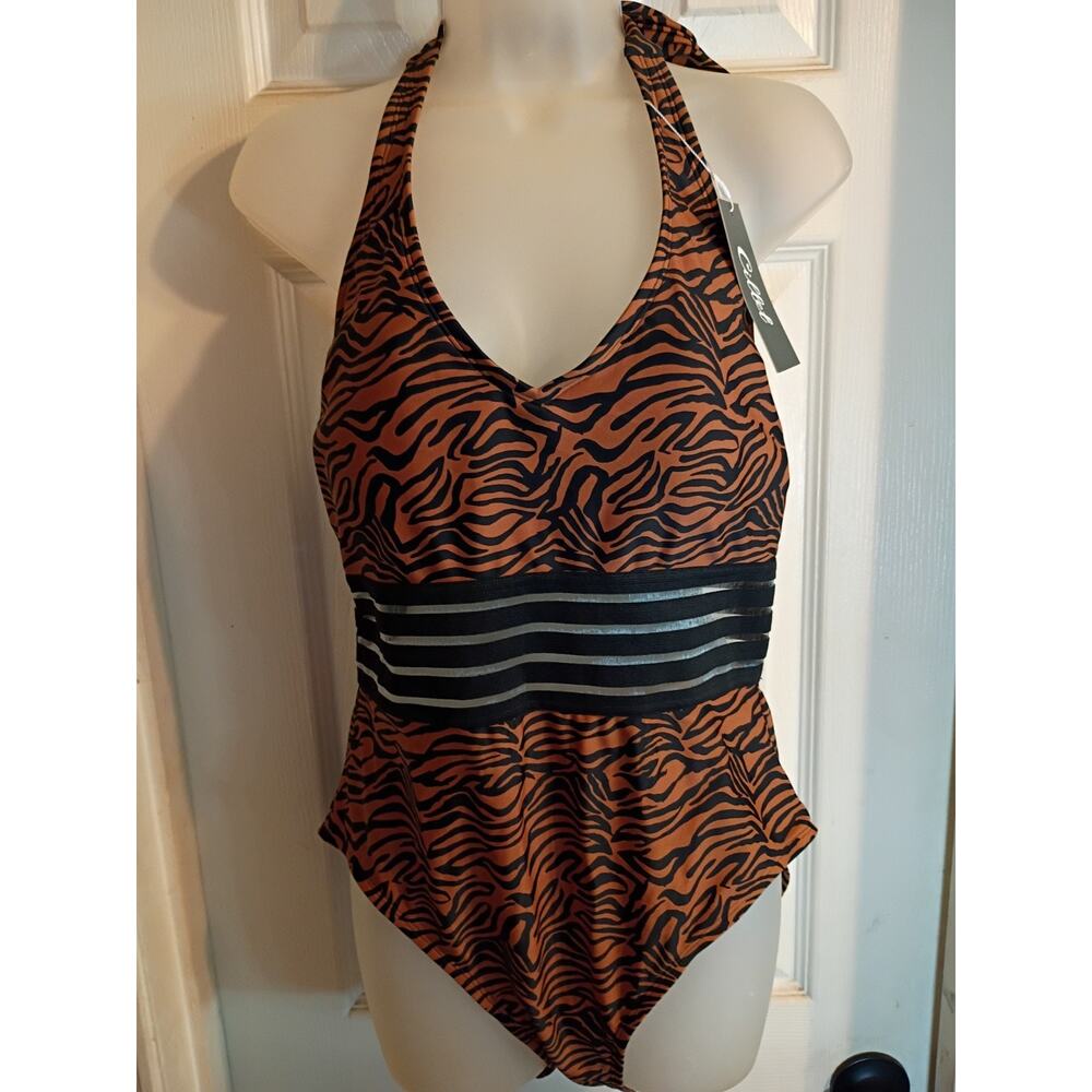 Cillet One Piece Swimsuit Zebra Print Brown Mesh Detailing Sz L Beach Resort Vac